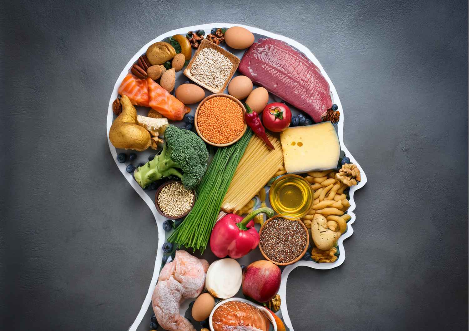 Un cerveau formé d’aliments variés illustrant l’impact de l’alimentation sur la santé mentale